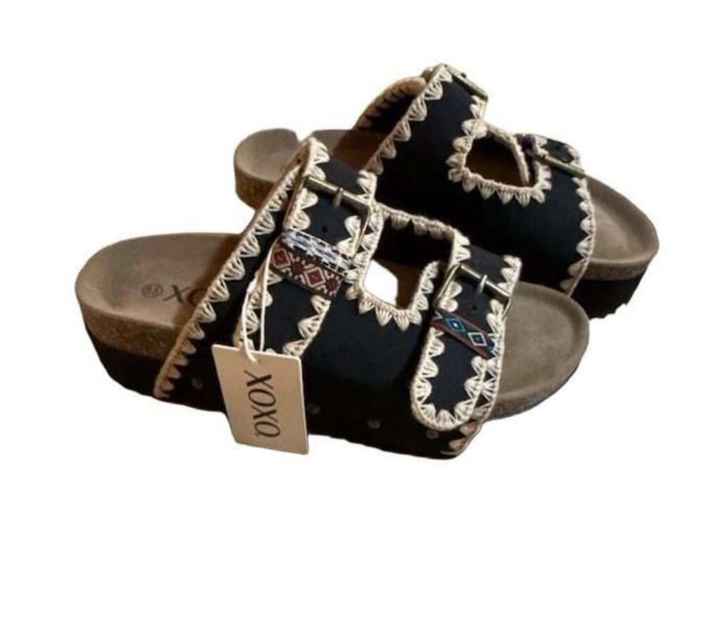 XOXO Sandals Black Embroidered Cork Double Buckle